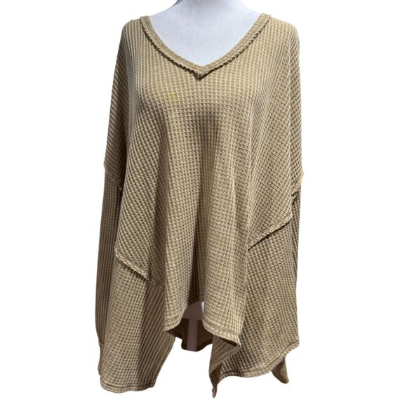 NEW FREE PEOPLE womens M Brown waffle knit cutout v neck Top sweater Tunic - Picture 2 of 10